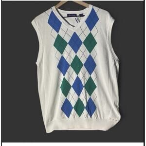 Argyle Alan Flusser XL V-Neck Preppy Eclectic Grandpa Blue Green Sweater Vest